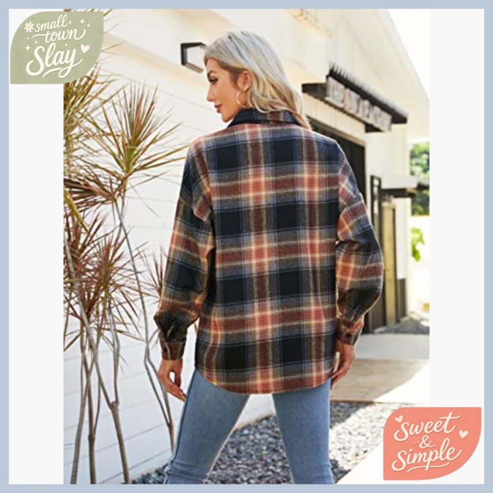 Oversized Flannel Shacket Button Down Shirt Long Sleeve Loose Fit Work Casual - Picture 6 of 6